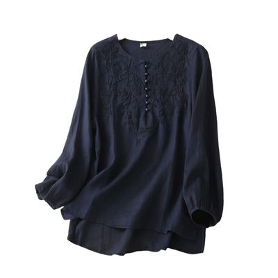 TIAFORD Women's Vintage Embroidered Cotton Linen Shirt Side Slit Blouse Casual Crew Neck Long Sleeve Solid Color Loose Tunic Tops T Shirt Navy Blue, XX-Large