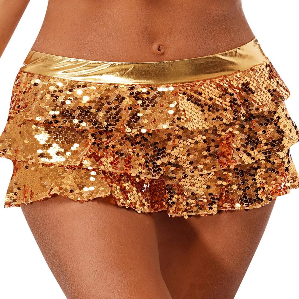 FEESHOW Women's Shiny Sequins Miniskirt Tiered Skirted Shorts Culottes Skirts Jazz Dancewear Gold One Size