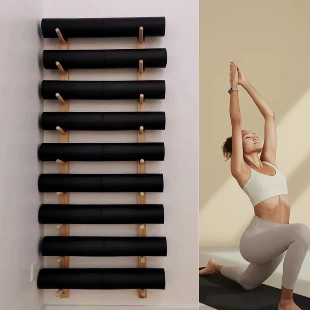 Wooden Yoga Mat Holder Wall Mount, Wall Rack Organizer for Foam Roller Wooden Wall Hanging Fitness Organizer for Home Gym School Office