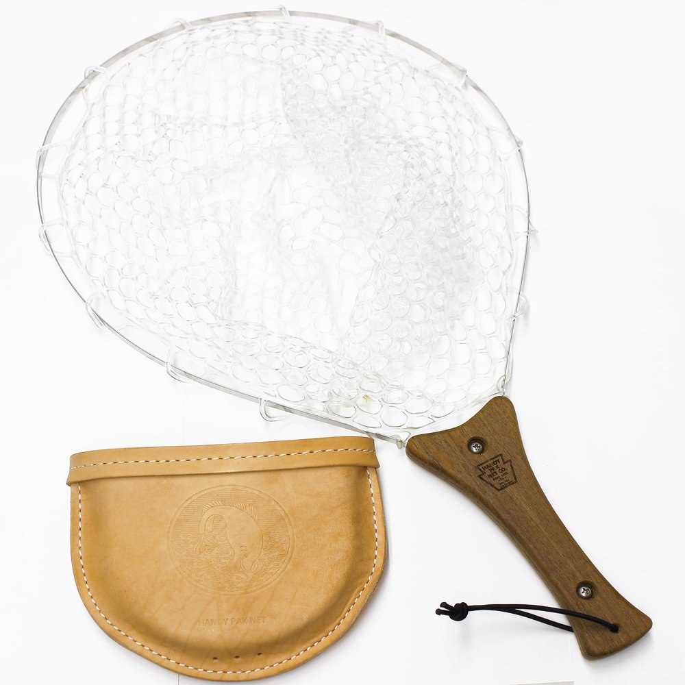 Internet with cords, medium size, wood handles, leather case, rubber net
