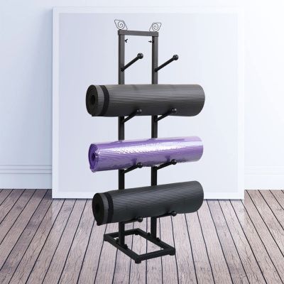 Black Metal Yoga Mat Holder Floor Stand, Home Workout Yoga Accessories, Holds 4 Yoga Mats or Foam Rollers, Stable Home Gym Storage Organizer