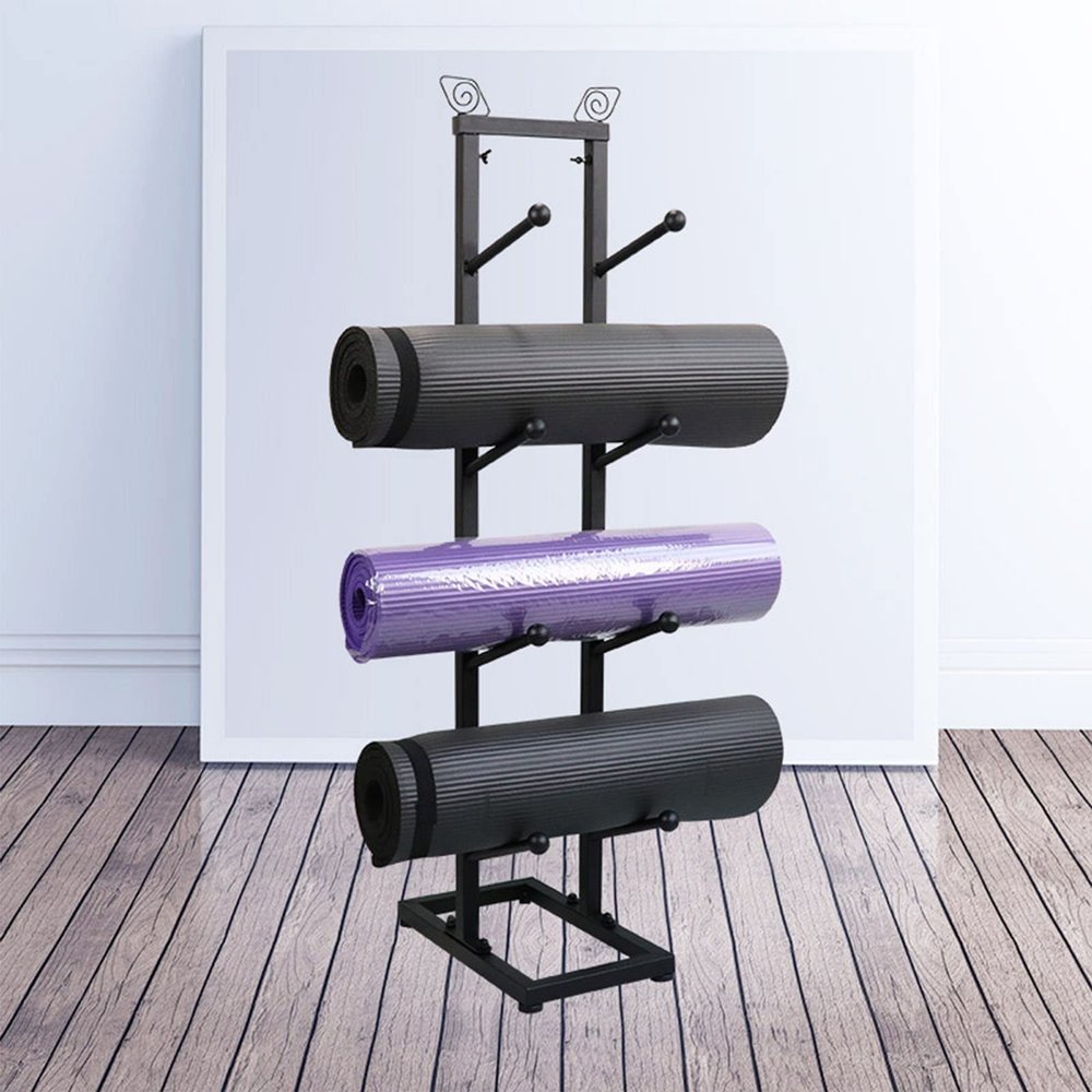 Black Metal Yoga Mat Holder Floor Stand, Home Workout Yoga Accessories, Holds 4 Yoga Mats or Foam Rollers, Stable Home Gym Storage Organizer