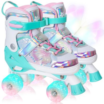 Kids Roller Skates for Girls Boys - Teal for Teenagers Youth Age 10 11 12 - Adjustable All Light up Wheels Butterfly and Flower Indoor Outdoor Sports Birthday Gift for Son and Grandson
