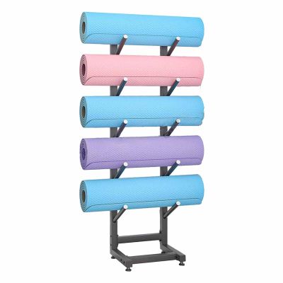 5/7 Tier Metal Storage Racks for Yoga Mat/Wheels, Multi-Layer Foam Roller Storage Organizer | Floor-Standing Gym Mats Holder for Hanging Snowboard Yoga Mat Foam Roller, Svart
