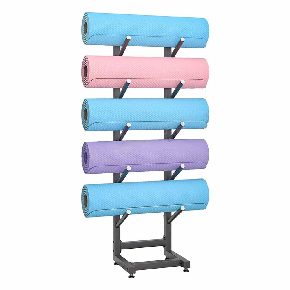 5/7 Tier Metal Storage Racks for Yoga Mat/Wheels, Multi-Layer Foam Roller Storage Organizer | Floor-Standing Gym Mats Holder for Hanging Snowboard Yoga Mat Foam Roller, Svart