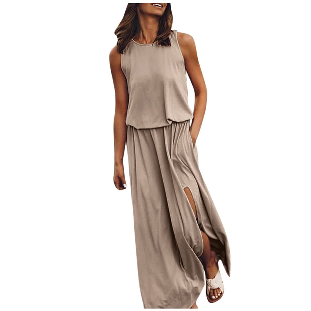 Akklian Spring Dresses for Women 2024 Trendy Modest Casual Maxi Dress Side Split Flowy Loose Vacaition Sundress with Pockets Khaki