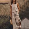 Akklian Spring Dresses for Women 2024 Trendy Modest Casual Maxi Dress Side Split Flowy Loose Vacaition Sundress with Pockets Khaki view 2