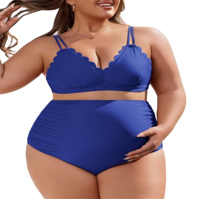 Charmo Scalloped Maternity Bikini Swimsuit Two Piece High Waist Ruched Pregnancy Bathing Suit Cute V Neck Swimwear Blue L