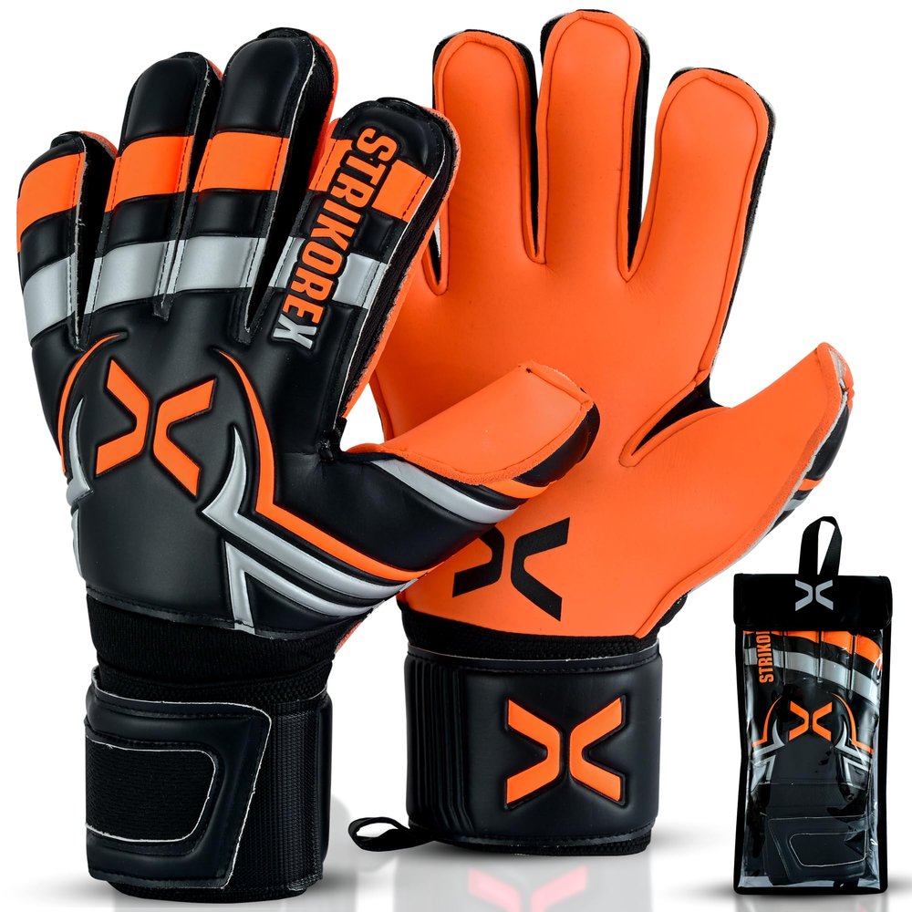StrikoreX Goalie Gloves for Kids & Youth with 4mm Latex Palm, Strong Grip Adults & Boys Soccer Football Gloves with Fingers Save (Fluo Orange 6)