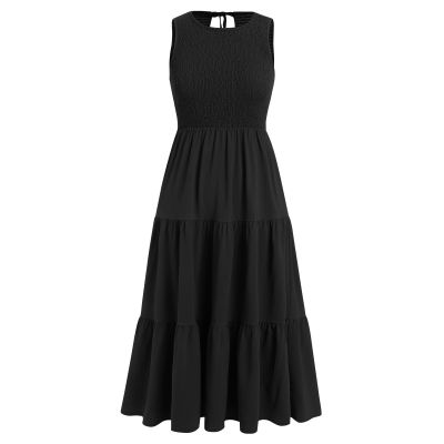 ABEWIP Women Boho Summer Maxi Dress Sleeveless Shirred Chest Tiered Long Beach Casual Sun Dresses Black Shirred Style S