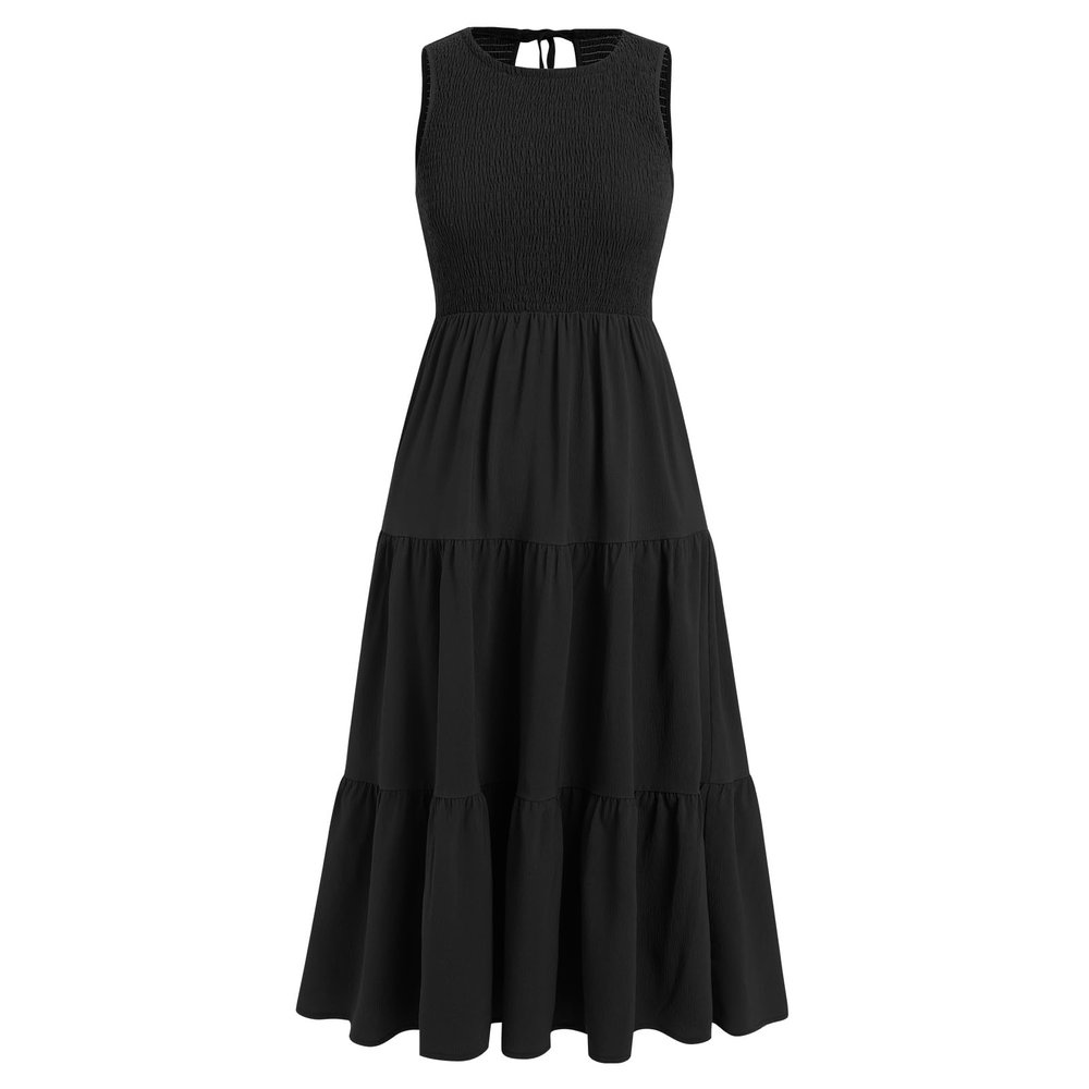 ABEWIP Women Boho Summer Maxi Dress Sleeveless Shirred Chest Tiered Long Beach Casual Sun Dresses Black Shirred Style S