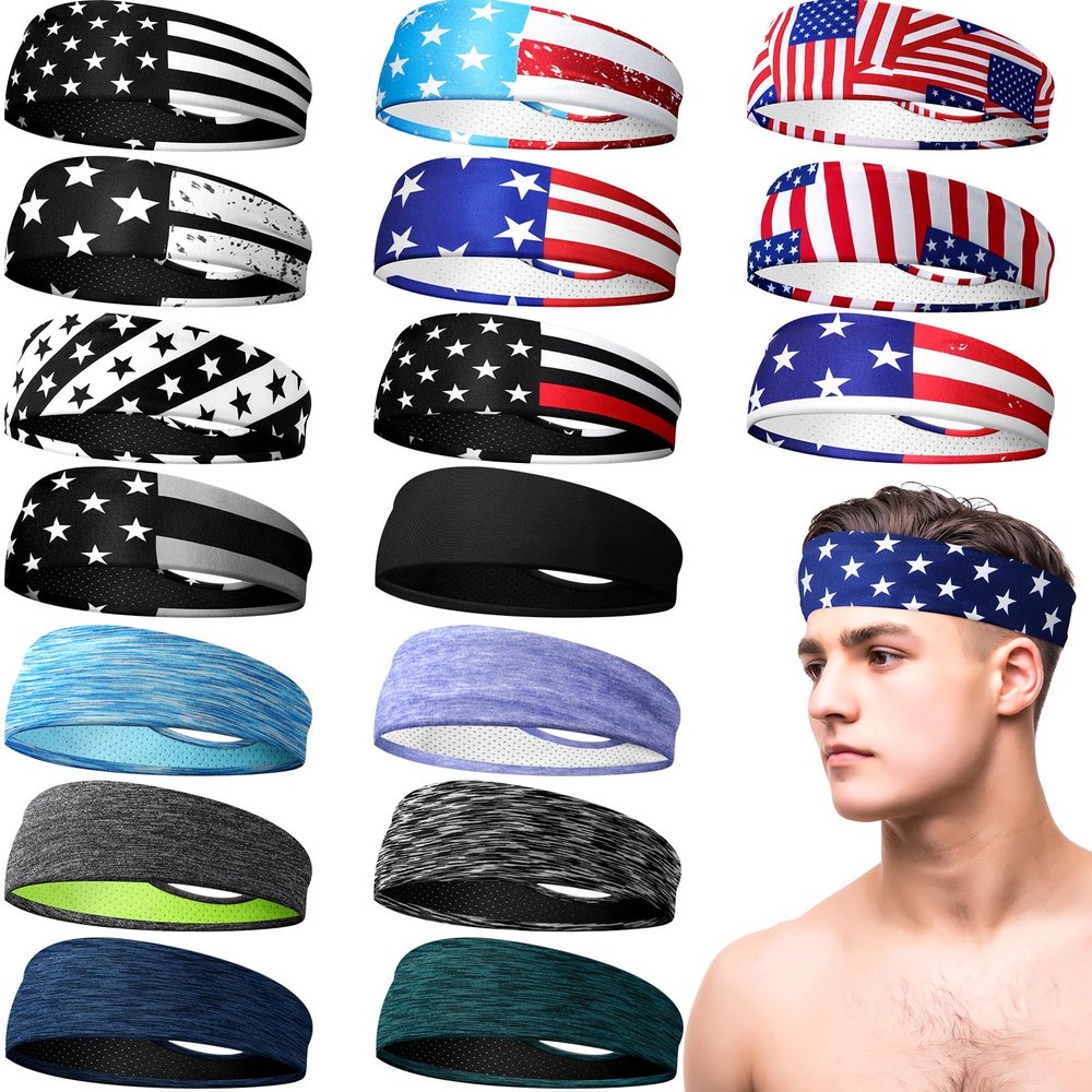Suhine 18 Pcs Sport Sweatbands Headbands for Men Women Running Workout Headbands Nonslip Sweat Absorbing Sweatband Stretchy Unisex Bandana for Tennis Baseball Football Cycling Yoga(American Flag)