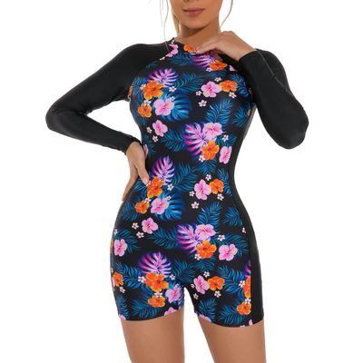 OMEWEE Long Sleeve Rash Guard Swimsuits for Women One Piece Swimsuit UPF 50+ Zipper Sun Protection Boyleg Bathing Suit Printed Patchwork Surfing Athletic Swimwear Wetsuit Floral S