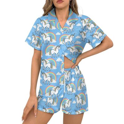 Ysidec Blue Rainbow Unicorn Womens Pajama Sets 2 Piece Short Sleeve Sleepwear Button Down Loungewear 2XL