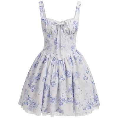EFOGEP Women Floral Corset Dress, Boho Summer Spaghetti Straps Square Neck Casual Midi Dress Flowy Slit Bustier Dresses Blue Floral Mini Length S