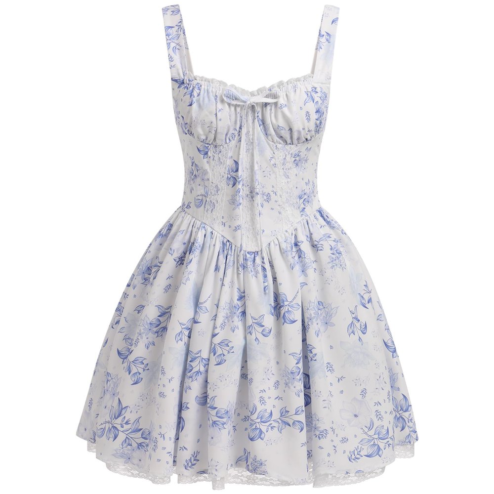 EFOGEP Women Floral Corset Dress, Boho Summer Spaghetti Straps Square Neck Casual Midi Dress Flowy Slit Bustier Dresses Blue Floral Mini Length S