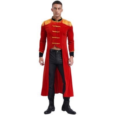 Linjinx Men's Steampunk Retro Long Tailcoat Halloween Circus Ringmaster Costume Velvet Tuxedo Jacket Red X-Large