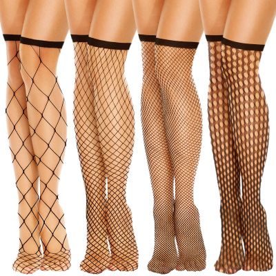 Amabro 4PCS Women's Fishnet Knee Stockings, Black Knee High Fishnet Socks Tights Lace Fishnet Stockings