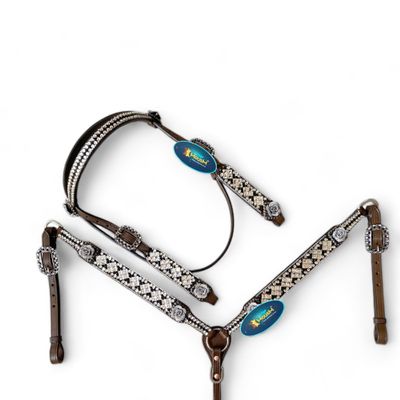 MOUSM Independence Day Western Headstall for Horses, Breast Collar with Silver Stones & Glitter 3D Rose Detailing - Genuine Argentina Cow Leather