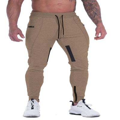 FIRSTGYM Mens Joggers Sweatpants Slim Fit Workout Training Thigh Mesh Gym Jogger Pants with Zipper Pockets Khaki