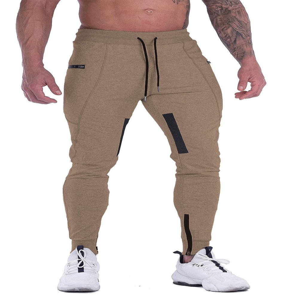 FIRSTGYM Mens Joggers Sweatpants Slim Fit Workout Training Thigh Mesh Gym Jogger Pants with Zipper Pockets Khaki