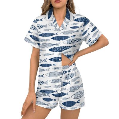 Ysidec Japanese Style Fish Womens Pajama Sets 2 Piece Short Sleeve Sleepwear Button Down Loungewear S