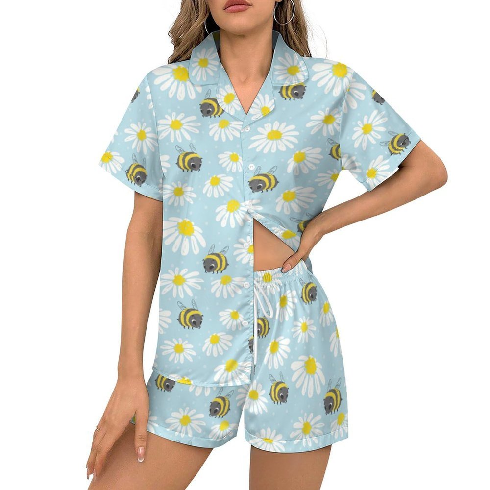 Ysidec Cute Bee Daisy Blue Womens Pajama Sets 2 Piece Short Sleeve Sleepwear Button Down Loungewear L