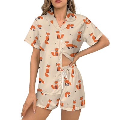Ysidec Cute Cartoon Foxes Womens Pajama Sets 2 Piece Short Sleeve Sleepwear Button Down Loungewear XL