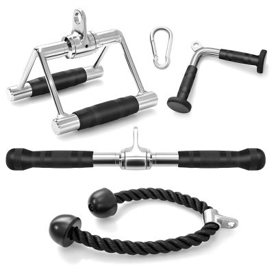 Goplus Cable Machine Attachment Set, 4PCS/ 5PCS LAT Pulldown Attachments w/V-Shaped Press Down Handle, Tricep Rope, Double D Handle, Weight Machine Accessories for Home Gym (5PCS-add a Straight Bar)