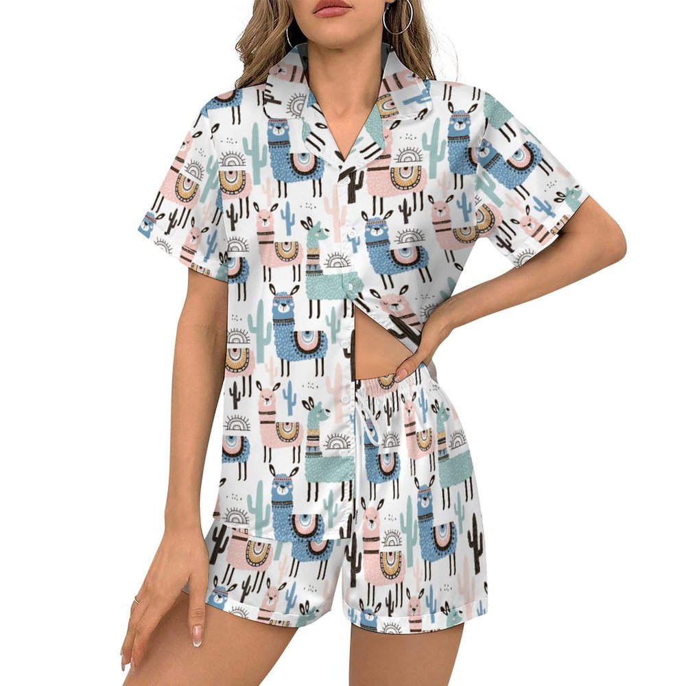 Ysidec Cute Llama Cactus Womens Pajama Sets 2 Piece Short Sleeve Sleepwear Button Down Loungewear M