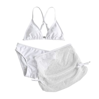 KAGAYD Girls Swimsuits 3Pcs Solid Bathing Suits Summer Triangle Beach Surf Tankini Swimwear Set with (White, 8-10 Years)