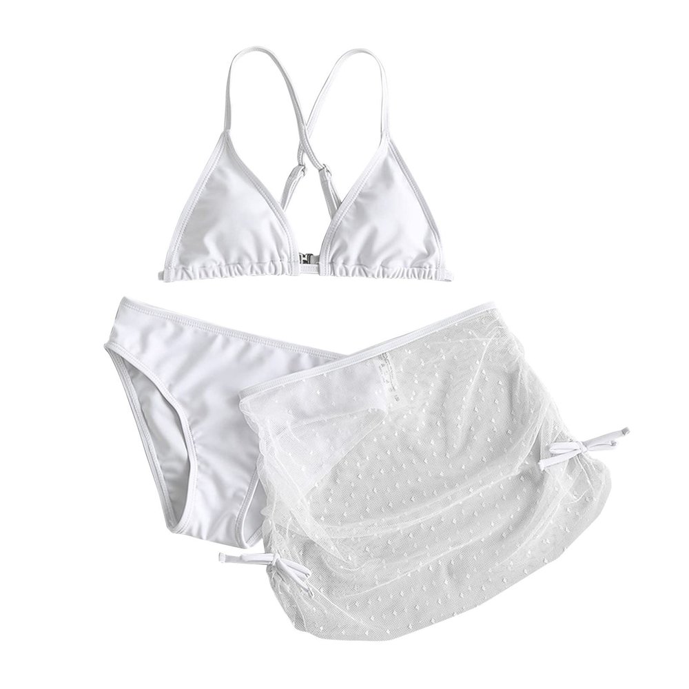 KAGAYD Girls Swimsuits 3Pcs Solid Bathing Suits Summer Triangle Beach Surf Tankini Swimwear Set with (White, 8-10 Years)