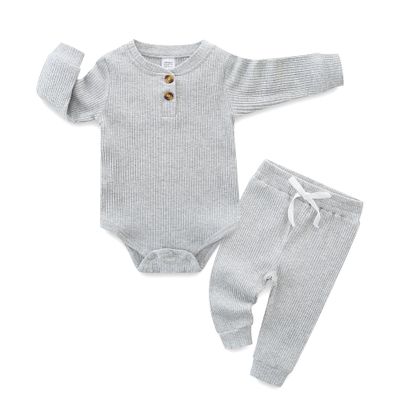 Baby Boy Girl Clothes Set Ribbed Outfits Unisex Infant Solid Long Sleeve Tops Pants 2PCS for 3-6 Months Baby Gray