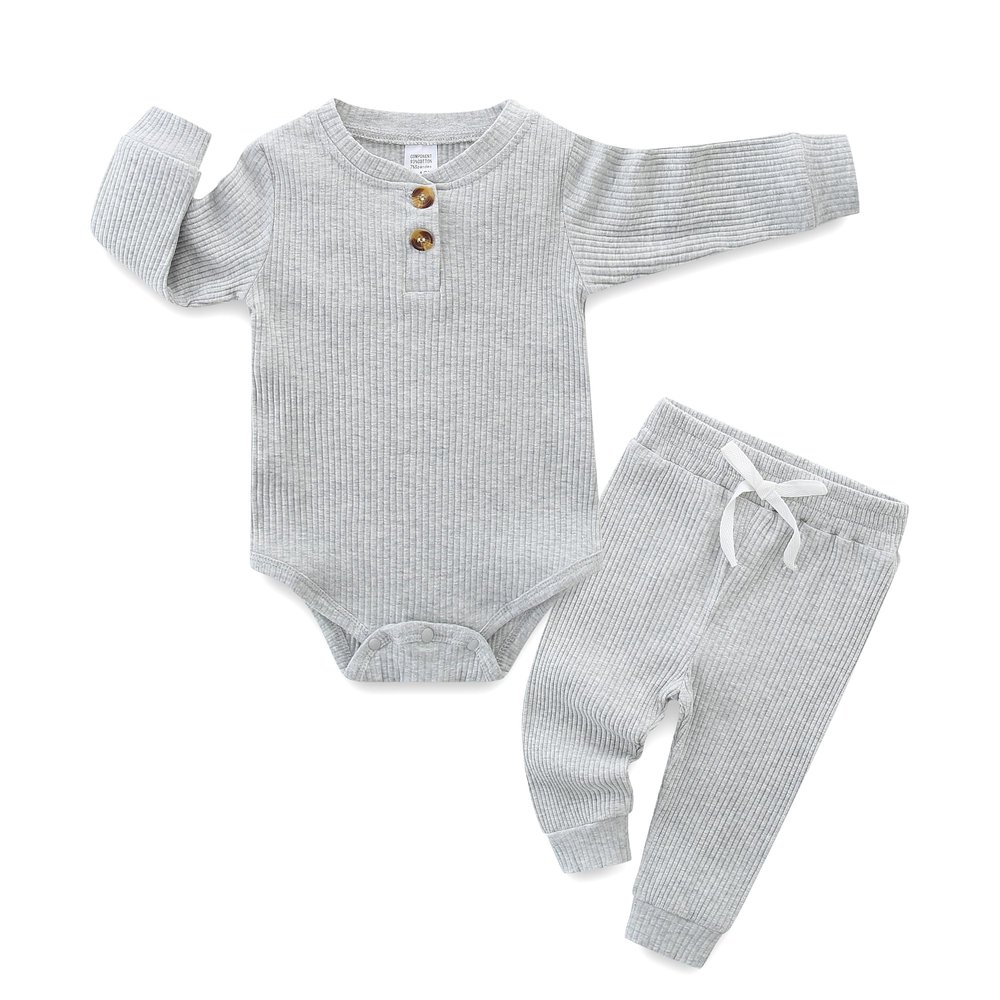 Baby Boy Girl Clothes Set Ribbed Outfits Unisex Infant Solid Long Sleeve Tops Pants 2PCS for 3-6 Months Baby Gray