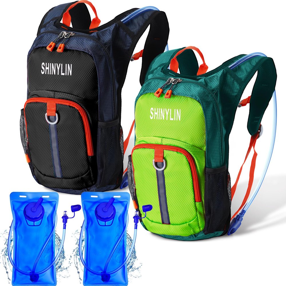 Shinylin 2 Pcs Kids Hydration Backpack with 1.5L Water Bladder Lightweight Kids Hiking Backpack Water Rucksack for Boys Girls Climbing Running(Green, Black,Classic)
