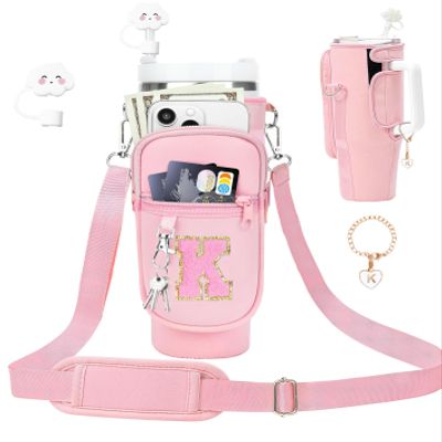 Initial A-Z Carrier Bag for Stanley Cup 40 oz, Stanley Cup Holder with Strap for Stanley 40 oz Tumbler with Handle, Stanley Cup Accessories with Stanley Cup Straw Cover - Spill Stopper - Letter Charm