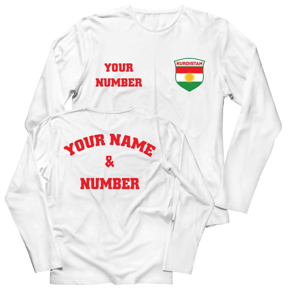 lepni.me Men Personalised Long Sleeve Soccer Jersey Kurdistan T-Shirt Kurdish Flag Badge European Football Championship 2024 (XS White Multi Color)
