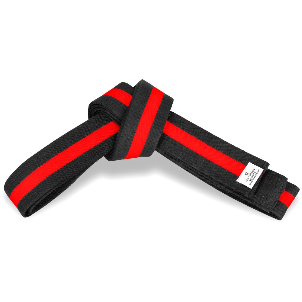 MACS Martial Arts 1.75" Wide Karate/Taekwondo Double Wrap Black Belts with Color Stripe (Black With Red Stripe, 5 (112"))