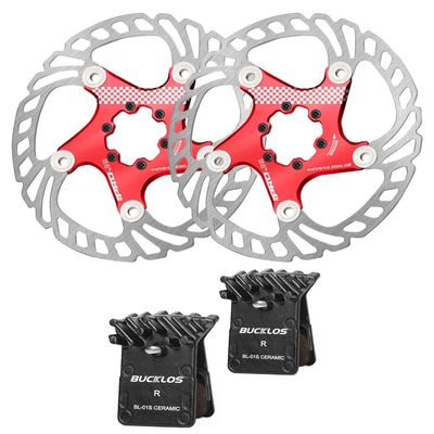 BUCKLOS IIIPRO Red MTB 180mm Floating Disc Brake Rotor with 6PC Bolts and BL-01S 2 Pair Disc Brake Pads for Ceramic Shimano N03A N04C L05A K04S K04Ti K05S K05Ti M8110 M7110