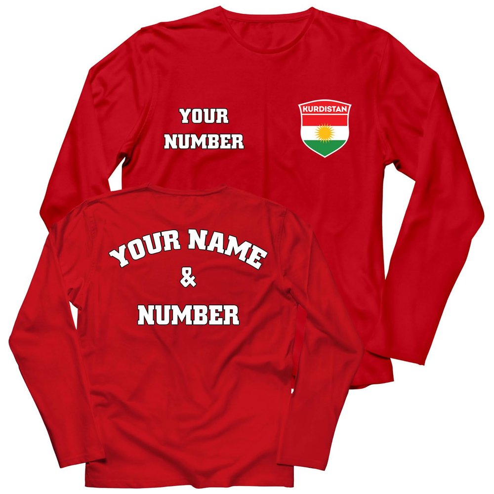 lepni.me Men Personalised Long Sleeve Soccer Jersey Kurdistan T-Shirt Kurdish Flag Badge European Football Championship 2024 (L Red Multi Color)