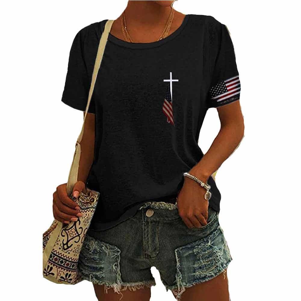 NineFit Basics Cross Flag T Shirt Flag Faith Cross Shirt God Bless America Shirt Casual Tank Top Funny Graphic Tshirt Independence Day Tee, Small, Midnight