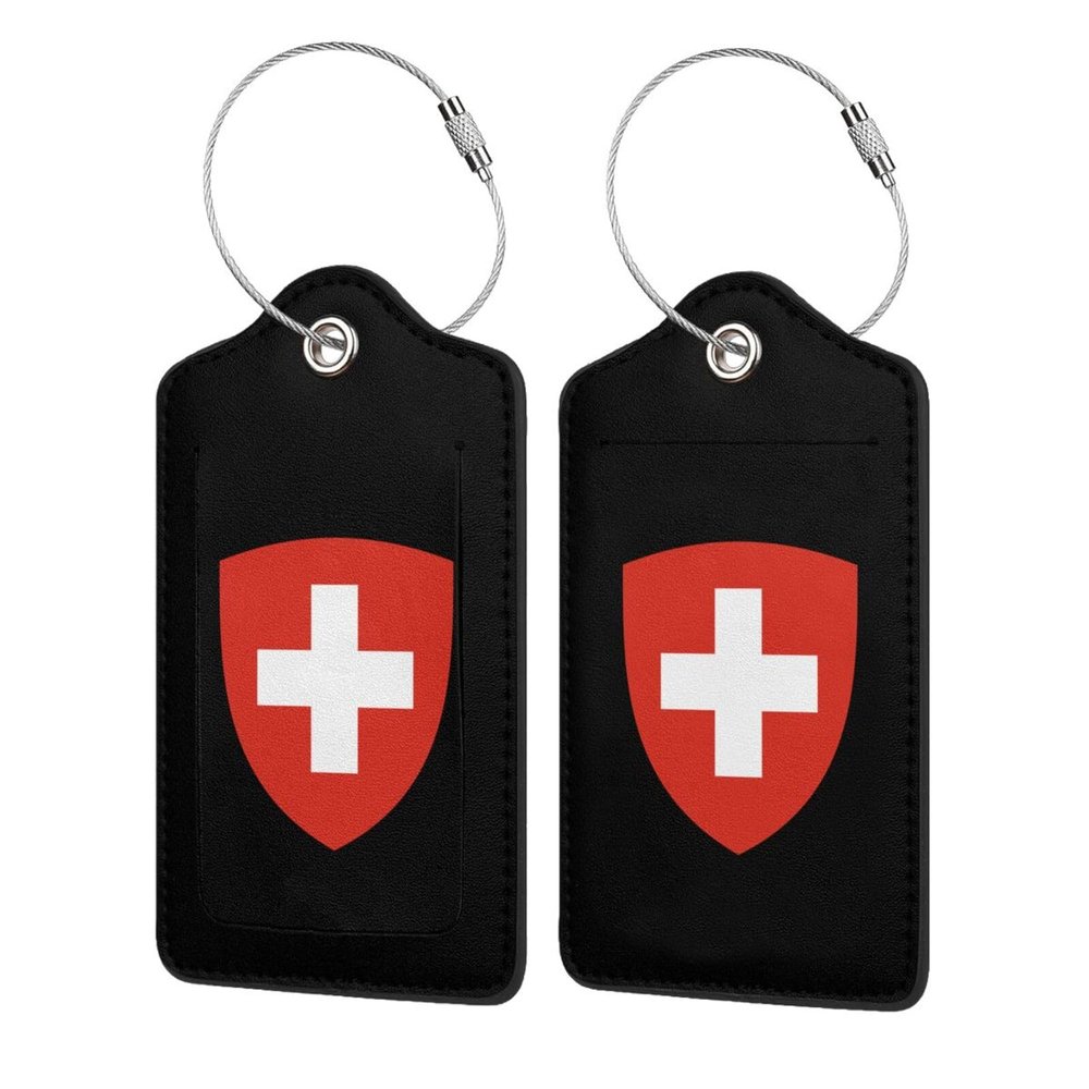 NUSDB Coat of Arms of Switzerland Leather Baggage Bag Luggage Tags with Stainless Steel Loop and Privacy Cover, 4 PCS, Black