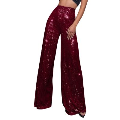 Women's Casual Pants Sparkly Sequin Wide Leg Pant Loose High Waisted Shiny Party Clubwear Bling Glitter Trousers Elastic Tummy Control Lounge Straight Leg Pant(A-Wine,Small)