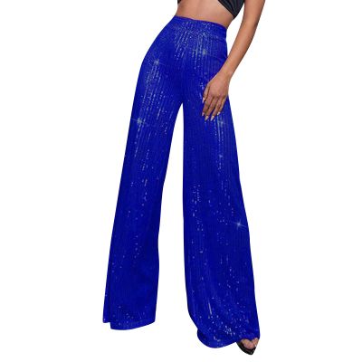 High Waisted Pants for Women Wide Leg Pant Glitter Sequin Loose Long Pants Bling Party Clubwear Elastic Casual Pants with Pocket Tummy Control Lounge Trousers(A-Blue,XX-Large)