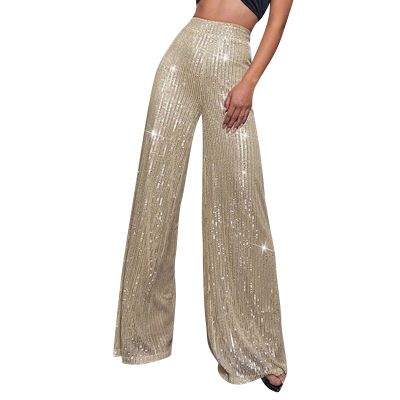 High Waisted Pants for Women Wide Leg Pant Glitter Sequin Loose Long Pants Bling Party Clubwear Elastic Casual Pants with Pocket Tummy Control Lounge Trousers(A-Beige,Large)