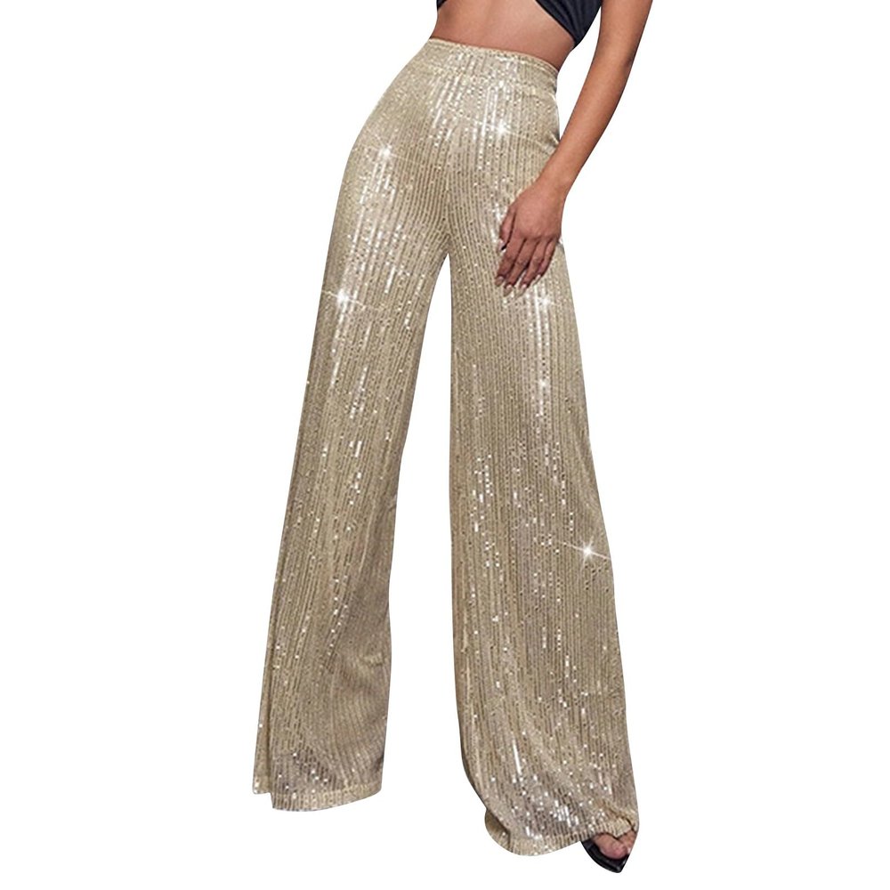 High Waisted Pants for Women Wide Leg Pant Glitter Sequin Loose Long Pants Bling Party Clubwear Elastic Casual Pants with Pocket Tummy Control Lounge Trousers(A-Beige,Large)