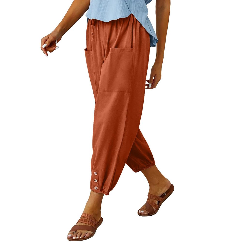 Cotton Casual Capri for Women Elastic High Waisted Loose Lantern Tapered Harem Pants with Pockets Orange