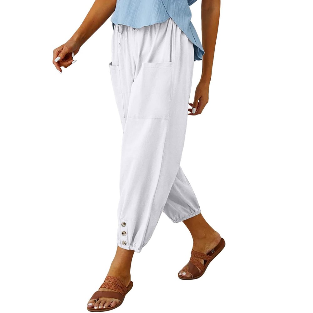 Cotton Casual Capri for Women Elastic High Waisted Loose Lantern Tapered Harem Pants with Pockets White