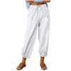 Cotton Casual Capri for Women Elastic High Waisted Loose Lantern Tapered Harem Pants with Pockets White view 2