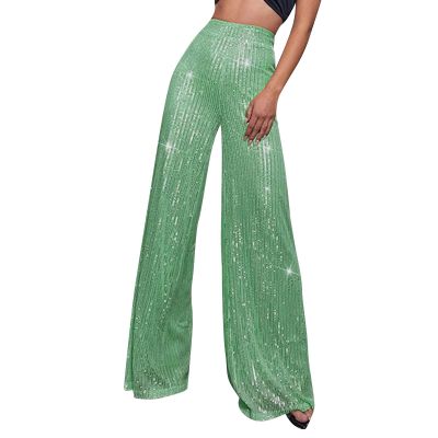 Women's Casual Pants Sparkly Sequin Wide Leg Pant Loose High Waisted Shiny Party Clubwear Bling Glitter Trousers Elastic Tummy Control Lounge Straight Leg Pant(A-Light Green,X-Large)